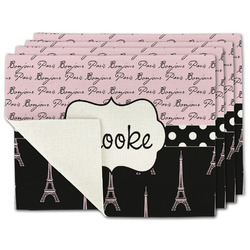 Paris Bonjour and Eiffel Tower Single-Sided Linen Placemat - Set of 4 w/ Name or Text