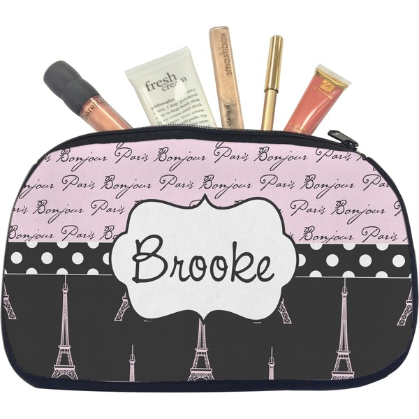 Custom Paris Bonjour and Eiffel Tower Makeup / Cosmetic Bag - Medium (Personalized)