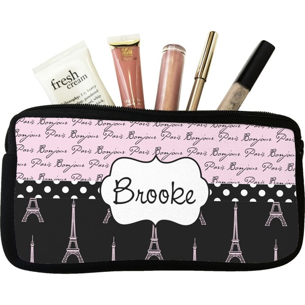 Custom Paris Bonjour and Eiffel Tower Makeup / Cosmetic Bag - Small (Personalized)