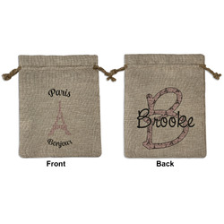 Paris Bonjour and Eiffel Tower Medium Burlap Gift Bag - Front & Back (Personalized)