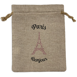 Paris Bonjour and Eiffel Tower Medium Burlap Gift Bag - Front (Personalized)