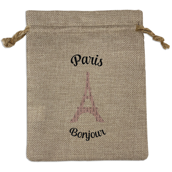 Custom Paris Bonjour and Eiffel Tower Medium Burlap Gift Bag - Front (Personalized)