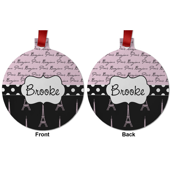 Paris Bonjour and Eiffel Tower Metal Ball Ornament - Front and Back