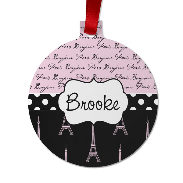 Custom Paris Bonjour and Eiffel Tower Metal Ball Ornament - Double Sided w/ Name or Text