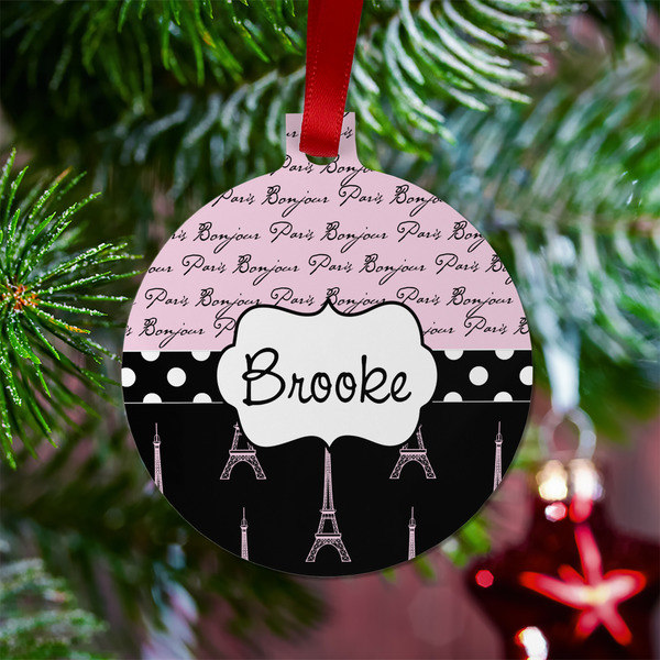 Paris Bonjour and Eiffel Tower Metal Ball Ornament - Lifestyle