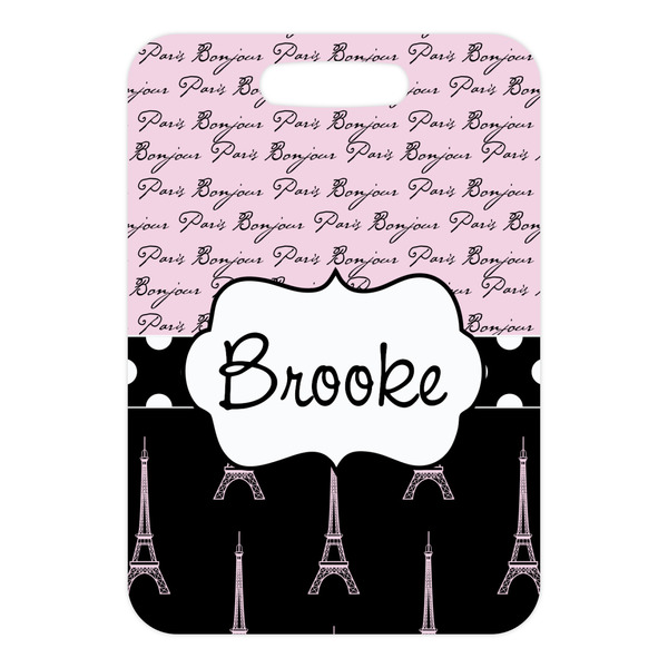 Paris Bonjour and Eiffel Tower Metal Luggage Tag - Front Without Strap