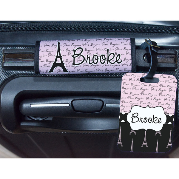 Paris Bonjour and Eiffel Tower Metal Luggage Tag & Handle Wrap - In Context