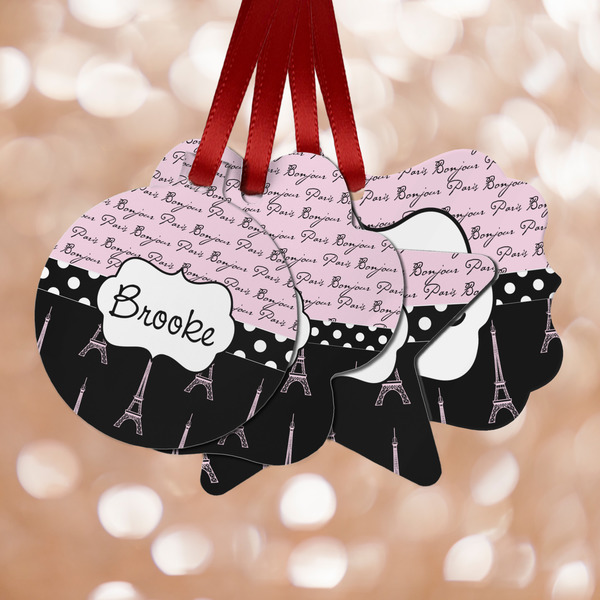 Custom Paris Bonjour and Eiffel Tower Metal Ornaments - Double Sided w/ Name or Text
