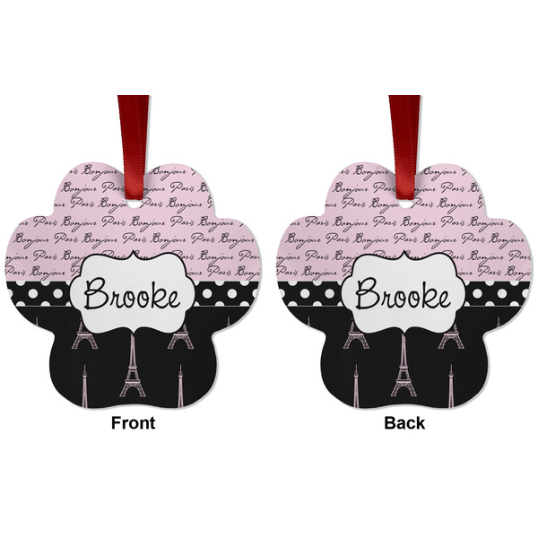 Paris Bonjour and Eiffel Tower Metal Paw Ornament - Front and Back