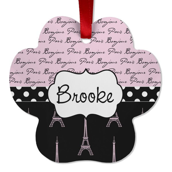 Custom Paris Bonjour and Eiffel Tower Metal Paw Ornament - Double Sided w/ Name or Text