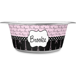 Paris Bonjour and Eiffel Tower Stainless Steel Dog Bowl - Medium (Personalized)
