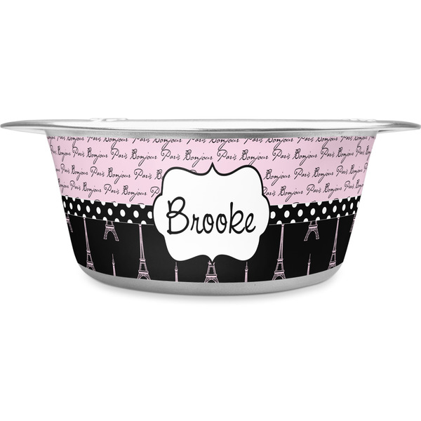 Custom Paris Bonjour and Eiffel Tower Stainless Steel Dog Bowl (Personalized)