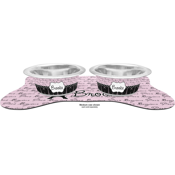 Paris Bonjour and Eiffel Tower Metal Pet Bowls - On Dog Bone Shaped Mat