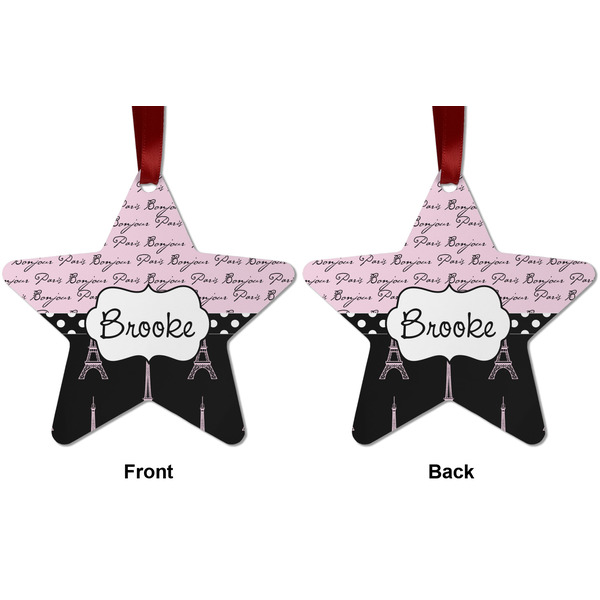 Paris Bonjour and Eiffel Tower Metal Star Ornament - Front and Back