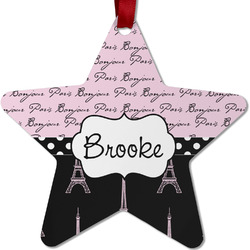 Paris Bonjour and Eiffel Tower Metal Star Ornament - Double Sided w/ Name or Text