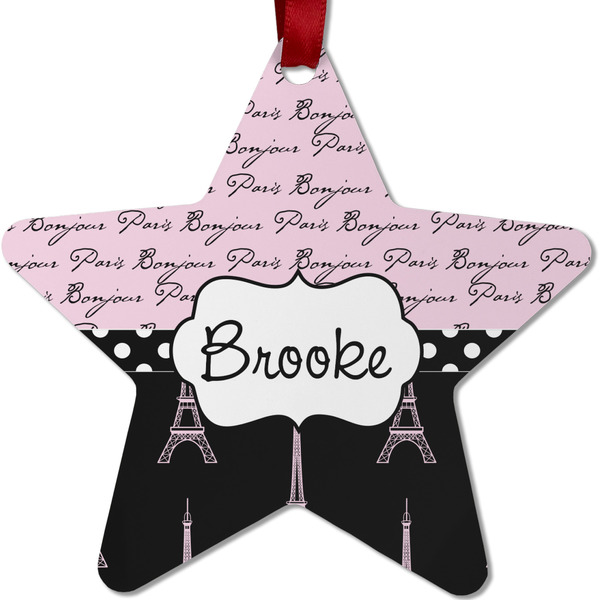 Custom Paris Bonjour and Eiffel Tower Metal Star Ornament - Double Sided w/ Name or Text