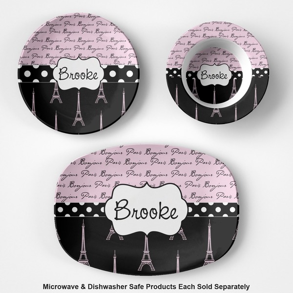 Paris Bonjour and Eiffel Tower Microwave & Dishwasher Safe CP Plastic Dishware - Group