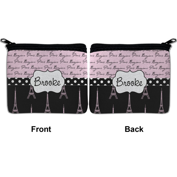 Paris Bonjour and Eiffel Tower Neoprene Coin Purse - Front & Back (APPROVAL)
