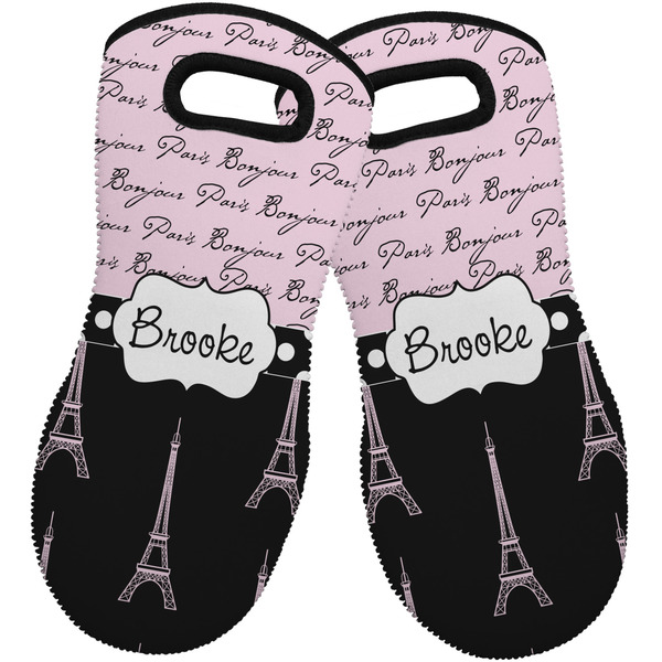 Custom Paris Bonjour and Eiffel Tower Neoprene Oven Mitts - Set of 2 w/ Name or Text