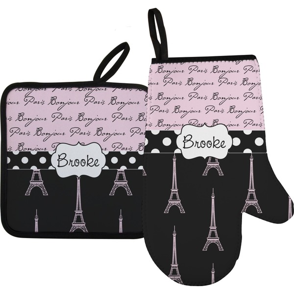 Custom Paris Bonjour and Eiffel Tower Oven Mitt & Pot Holder Set w/ Name or Text