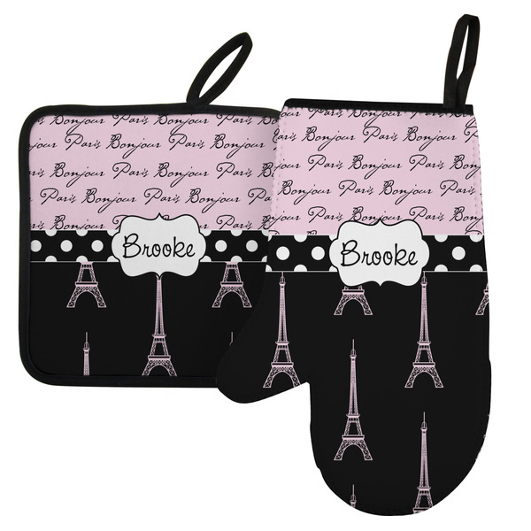 Custom Paris Bonjour and Eiffel Tower Left Oven Mitt & Pot Holder Set w/ Name or Text