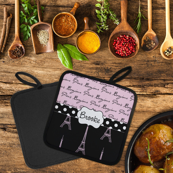 Paris Bonjour and Eiffel Tower Neoprene Pot Holder - Set of 2  LIFESTYLE (Flatlay)