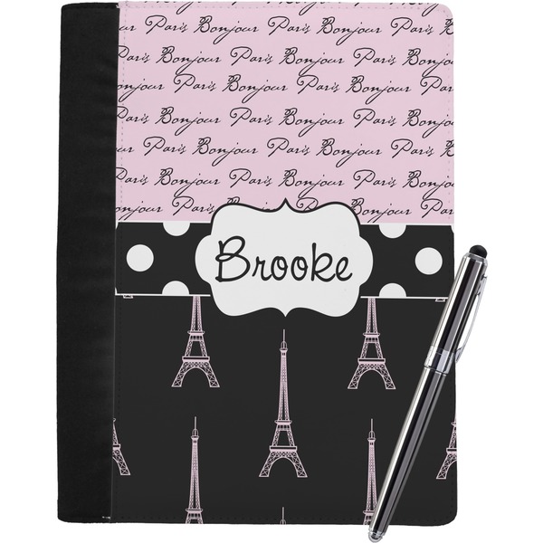 Custom Paris Bonjour and Eiffel Tower Notebook Padfolio - Large w/ Name or Text