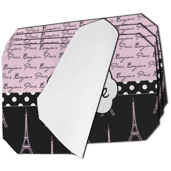 Custom Paris Bonjour and Eiffel Tower Dining Table Mat - Octagon - Set of 4 (Single-Sided) w/ Name or Text