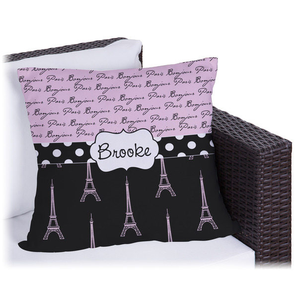 Custom Paris Bonjour and Eiffel Tower Outdoor Pillow - 20" (Personalized)