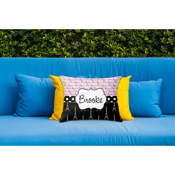 Paris Bonjour and Eiffel Tower Outdoor Throw Pillow  - LIFESTYLE (Rectangular - 20x14)