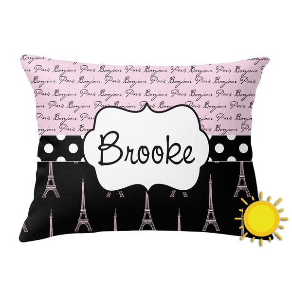 Custom Paris Bonjour and Eiffel Tower Outdoor Throw Pillow (Rectangular) (Personalized)