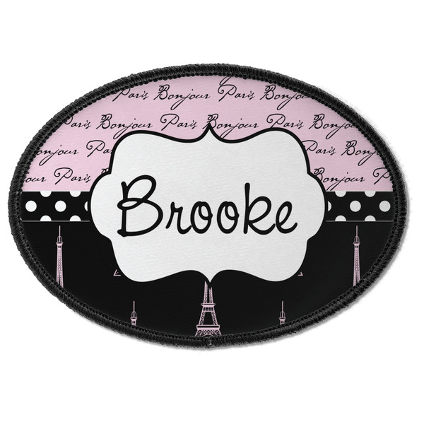 Custom Paris Bonjour and Eiffel Tower Iron On Oval Patch w/ Name or Text