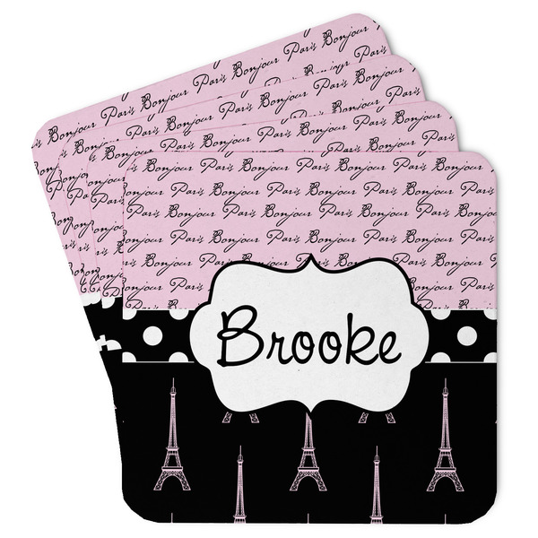 Custom Paris Bonjour and Eiffel Tower Paper Coasters w/ Name or Text