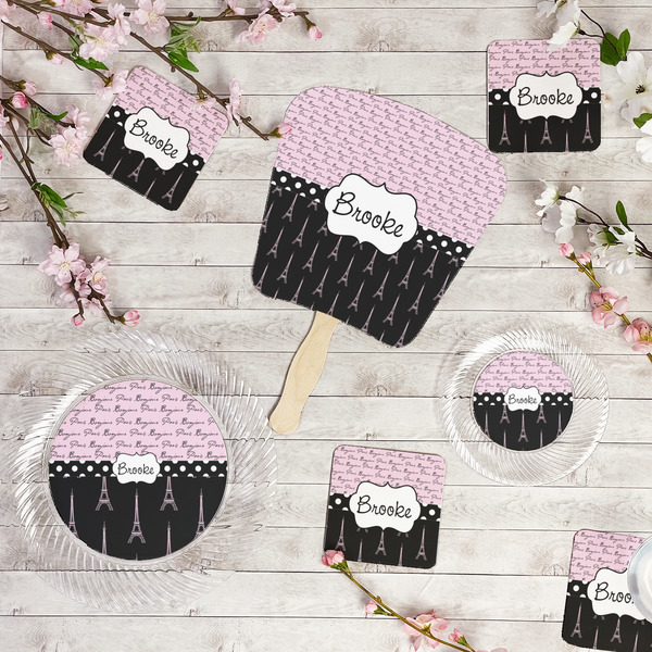 Paris Bonjour and Eiffel Tower Party Supplies Combination Image - All items - Plates, Coasters, Fans