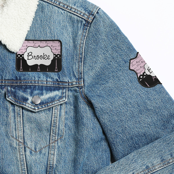 Paris Bonjour and Eiffel Tower Patches Lifestyle Jean Jacket Detail