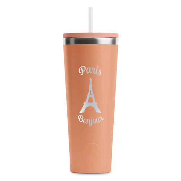 Custom Paris Bonjour and Eiffel Tower RTIC Everyday Tumbler with Straw - 28oz - Peach - Double-Sided (Personalized)