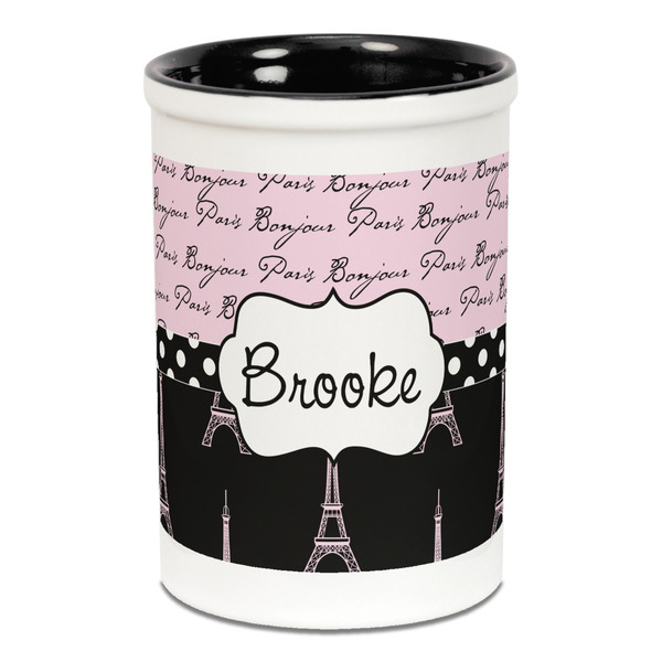 Custom Paris Bonjour and Eiffel Tower Ceramic Pencil Holders - Black