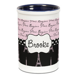 Paris Bonjour and Eiffel Tower Ceramic Pencil Holders - Blue
