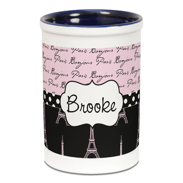 Custom Paris Bonjour and Eiffel Tower Ceramic Pencil Holders - Blue