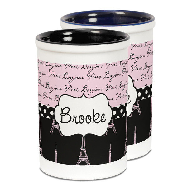 Custom Paris Bonjour and Eiffel Tower Ceramic Pencil Holder - Large