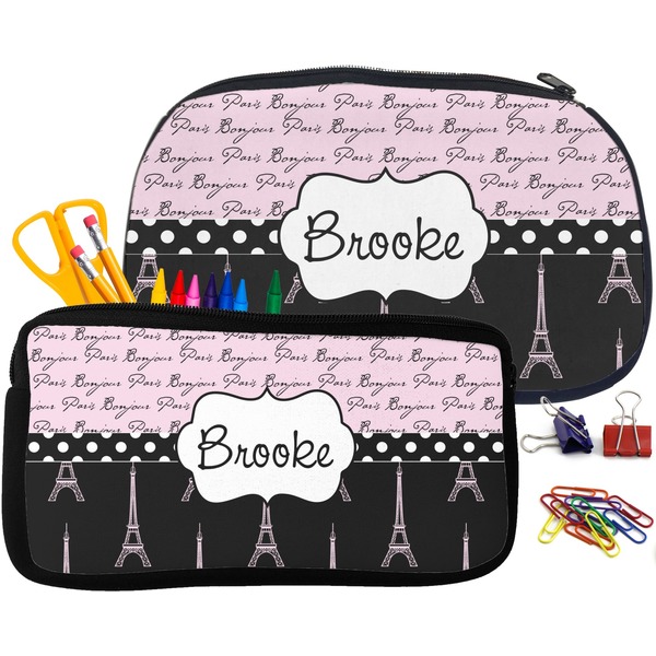 Paris Bonjour and Eiffel Tower Pencil / School Supplies Bags Small and Medium