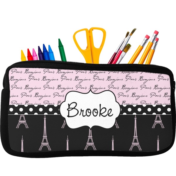 Custom Paris Bonjour and Eiffel Tower Neoprene Pencil Case - Small w/ Name or Text