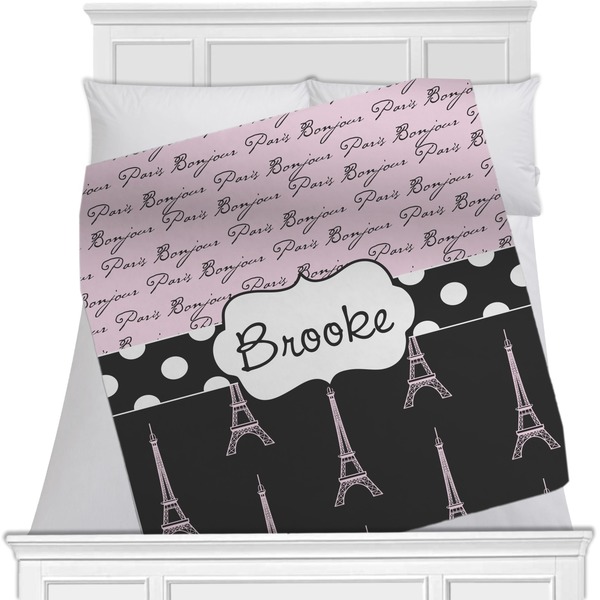 Custom Paris Bonjour and Eiffel Tower Minky Blanket - Toddler / Throw - 60"x50" - Double Sided (Personalized)