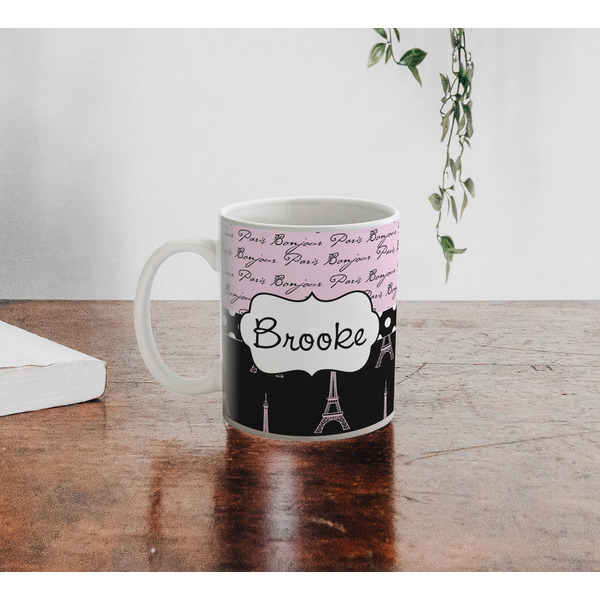 Paris Bonjour and Eiffel Tower Personalized Coffee Mug - Lifestyle