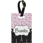 Paris Bonjour and Eiffel Tower Plastic Luggage Tag - Rectangular w/ Name or Text