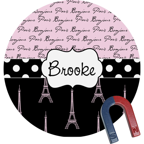 Custom Paris Bonjour and Eiffel Tower Round Fridge Magnet (Personalized)