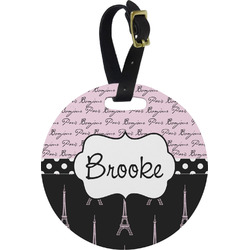 Paris Bonjour and Eiffel Tower Plastic Luggage Tag - Round (Personalized)