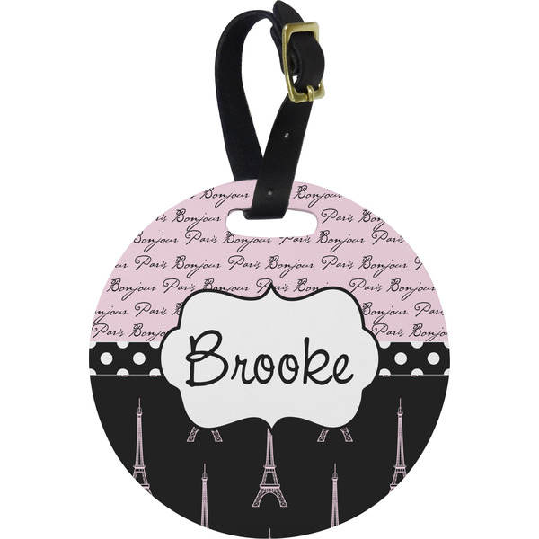 Custom Paris Bonjour and Eiffel Tower Plastic Luggage Tag - Round (Personalized)