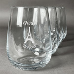 Paris Bonjour and Eiffel Tower Stemless Wine Glasses (Set of 4) (Personalized)