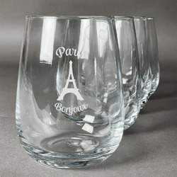 Paris Bonjour and Eiffel Tower Stemless Wine Glasses (Set of 4) (Personalized)